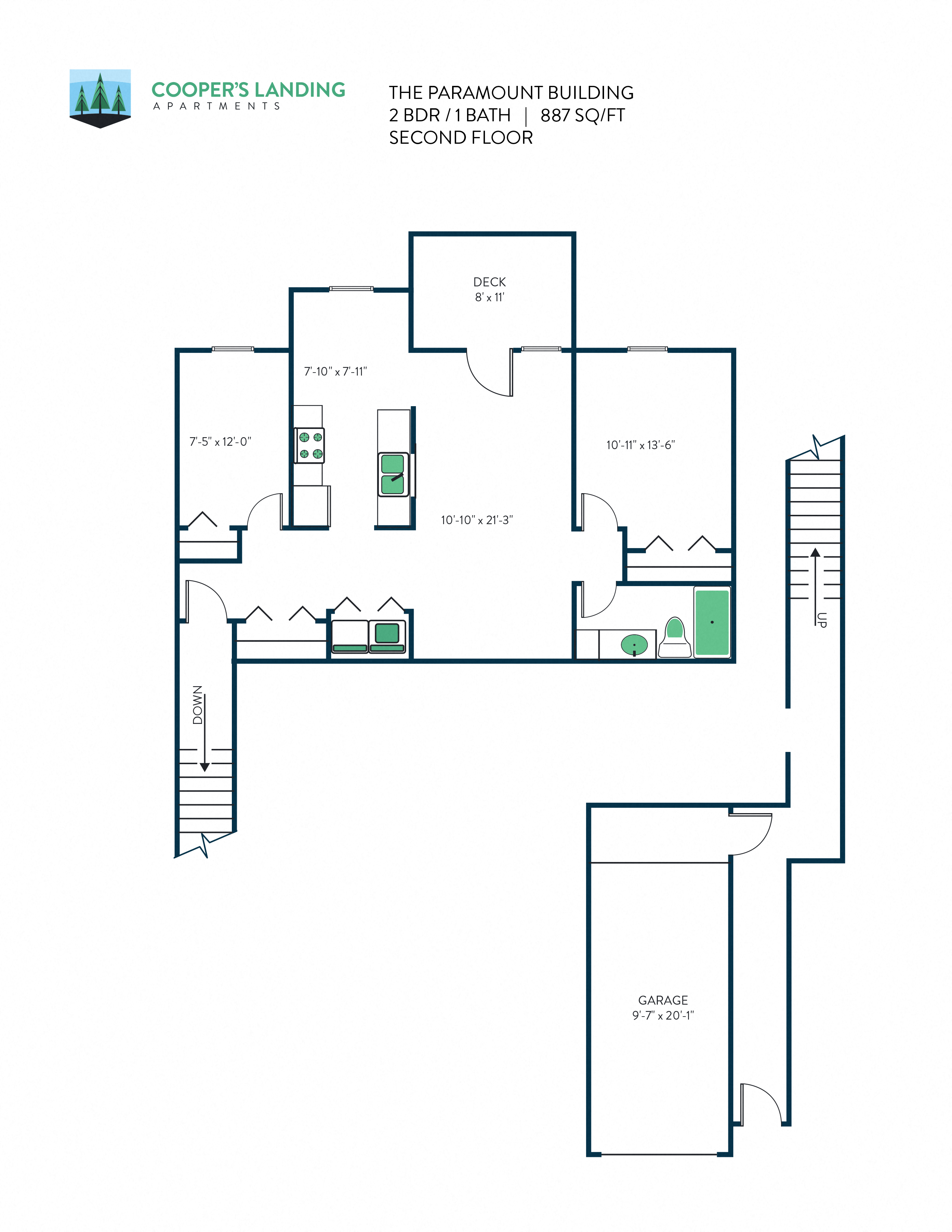 Floor plan for 2 beds, 1 bath, 887 sqft